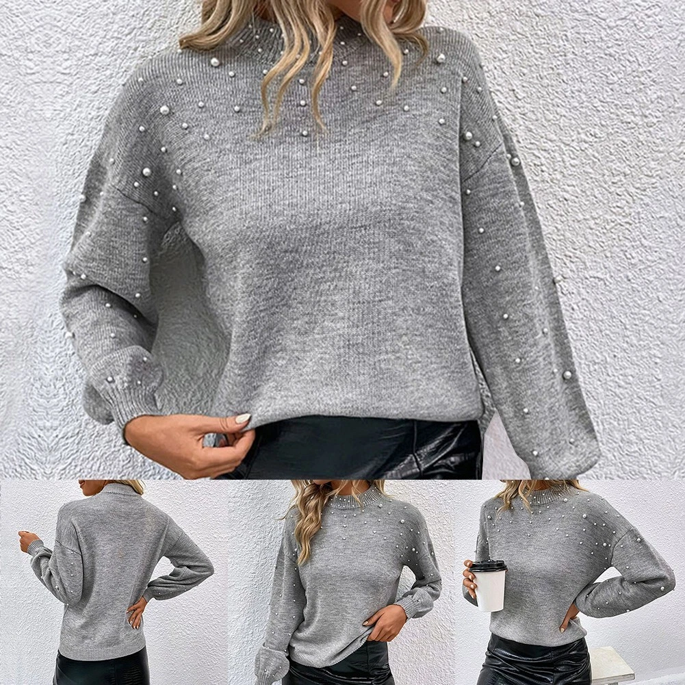 Stylish Loose Sweater Pullover with Beaded Details Grey Color 74