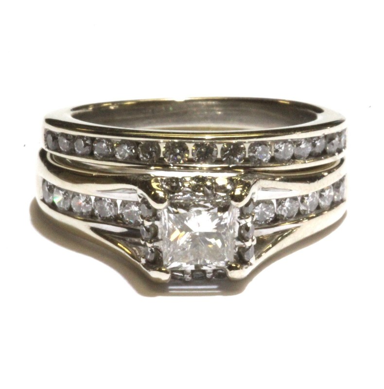 14k white gold 1.23ct princess diamond halo engagement ring wedding band 7.1g 