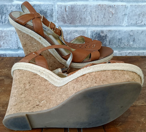 Steve Madden Women Leather Cork Espadrilles 5" Wedge Heels P-LEMM Size 8.5 8-1/2 - Picture 7 of 11