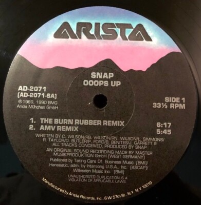 Snap-  Ooops Up / Believe The Hype Hip House 1990 AD-2071 Vinyl 12''