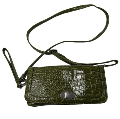 La Diva Purse Green Crocodile Flap Over Crossbody Shoulder Bag Pocketbook  Emboss
