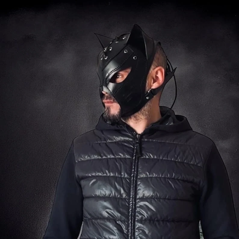 Handmade Genuine Leather Cat Hood Mask with Ears – BDSM Puppy Play Gear - Image 4 of 4