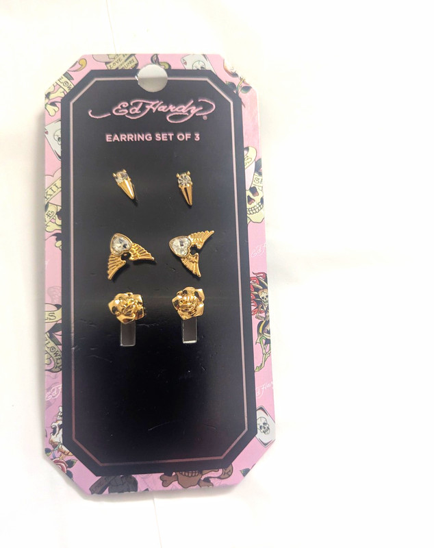 Ed Hardy Earring Set, Gold Tone, Clear Crystal Studs, Set of 3 Pairs