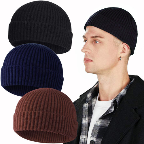 3PCS Short Fisherman Beanie Hat for Men Women, Wool Knit Cuff Winter Warm Hats