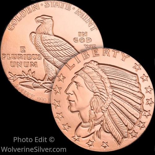 1 Oz. Solid .999 Fine Copper Round - Incuse Indian - Golden State Mint