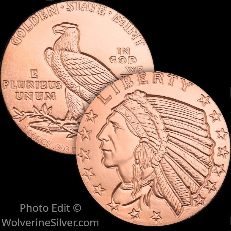 1 Oz. Solid .999 Fine Copper Round - Incuse Indian - Golden State Mint