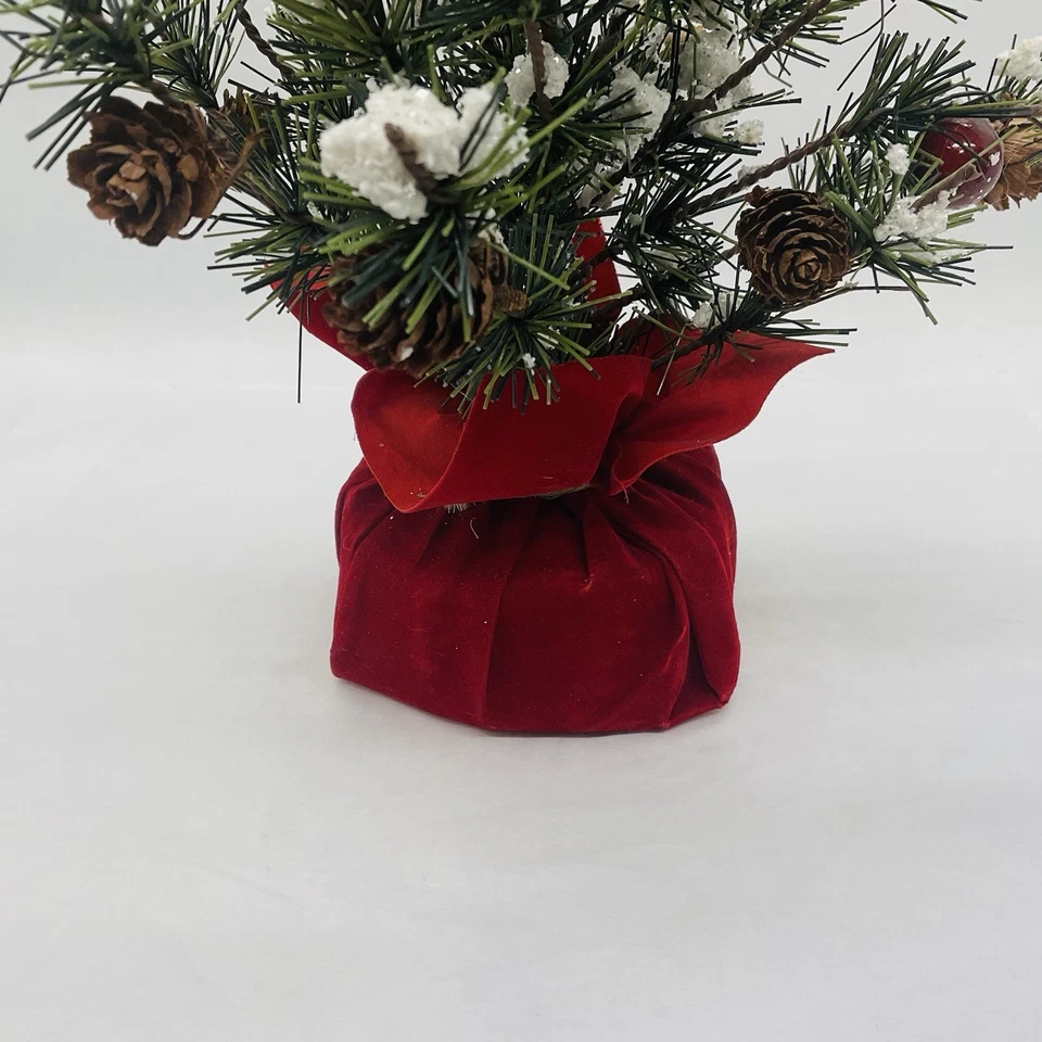 Rustic Snowy Brush Pine Tree 12" Christmas Tree Berries Pinecone Red Velvet Base - Image 4 of 4