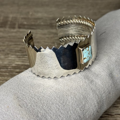 Sterling Silver Cuff Bracelet Serrated Lone Mountain Turquoise Biker Punk 48g - Picture 2 of 17