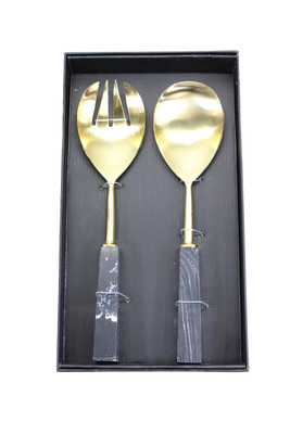 Tozai Home Gold Tone Marbled Handle Serving Fork Spoon Utensils Set Gold Black