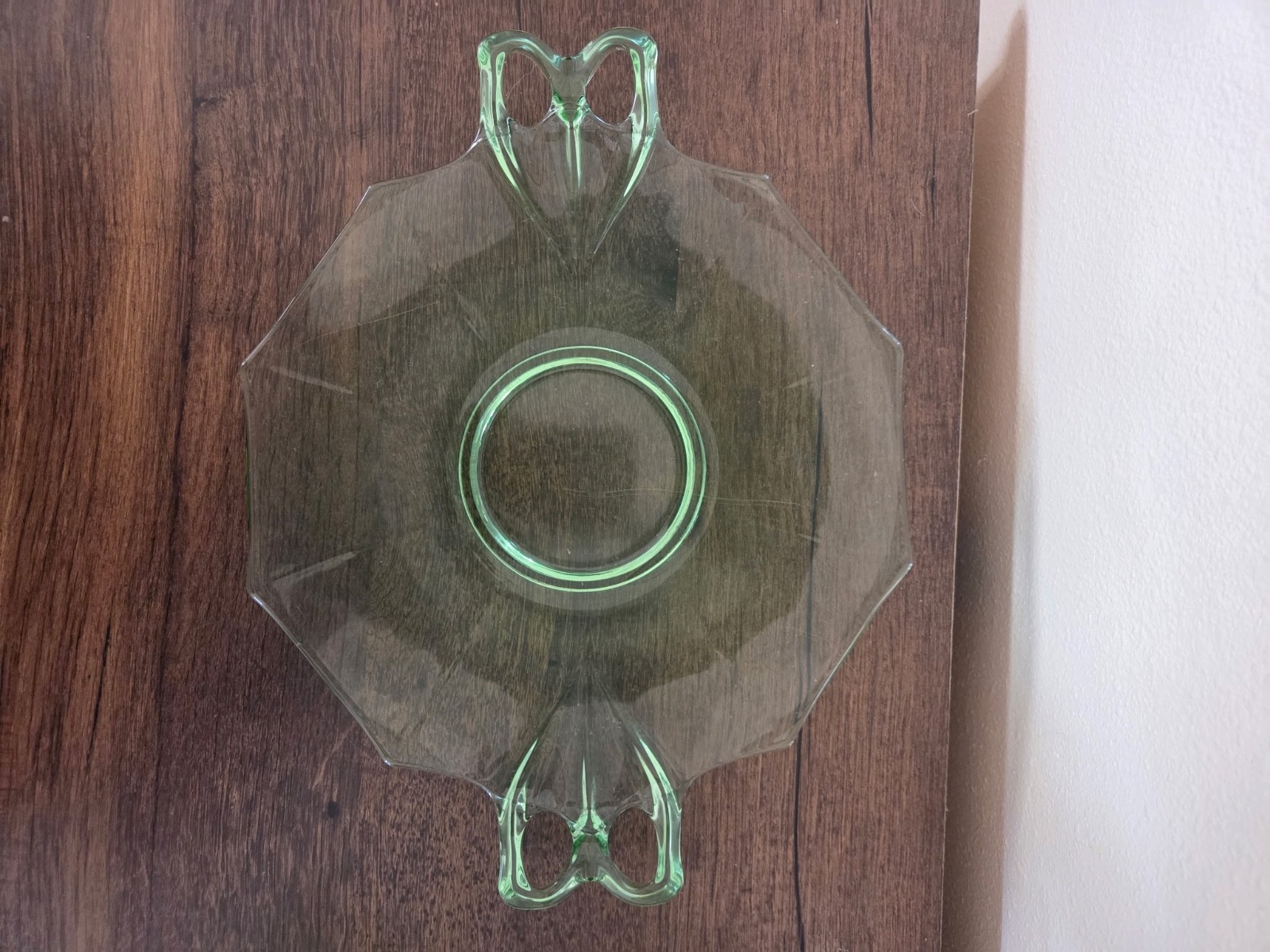 Green Depression  glass serving plate with handles 10 inch