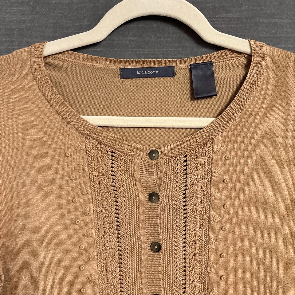 Cárdigan Suéter Liz Claiborne S Tostado Camel Seda Algodón Pointelle Neutro Carrera Foto 2 de 4