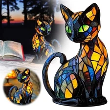 Stained Glass Cat Night Light - 3D Resin Animal Table Lamp with Warm White LED -