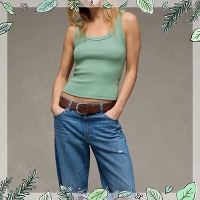 American Eagle Daily Fave Cotton Blend Ribbed Tank Top Dried Sage Sz M