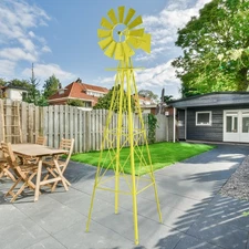 8FT Metal Windmill Yard Ornamental Windmill Weather Resistant Decoration Yellow