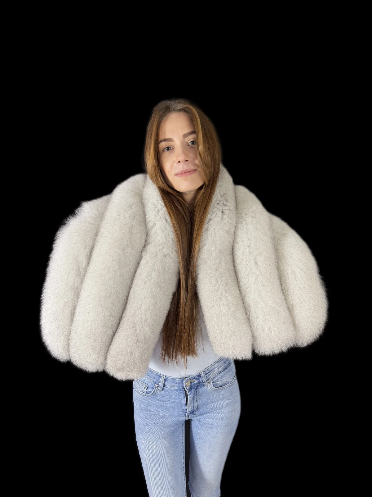 Fox Fur Shawl 47" (120cm) Saga Furs Stole Scarf With Leather Inserts Extra Wide