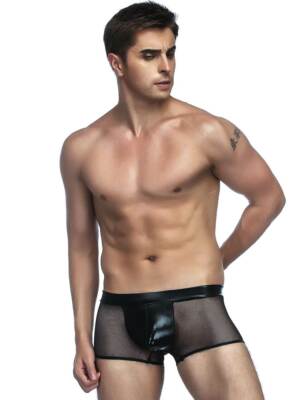 BOXER NEGRO SEMI TRANSPARENTE EN REJILLA WETLOOK ROPA INTERIOR HOMBRE STREAPERS