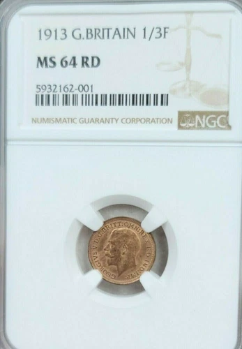 1913 GREAT BRITAIN 1/3 FARTHING GEORGE V NGC MS 64 RD BRIGHT BU RED BEAUTY