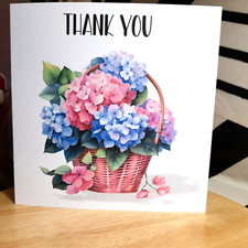 Thank You Card Pink and Blue Hydrangeas in wicker basket 14.4cm square Inc env
