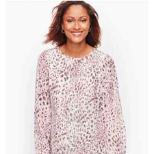 Talbots Gray Pink Leopard Print Silver Shimmer Tie Back Blouse Size M