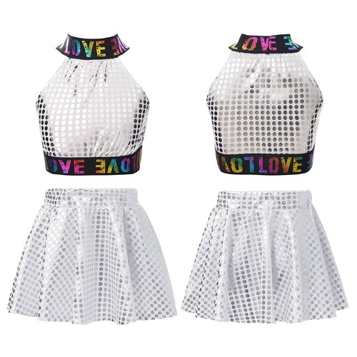 Kids Girls Outfit Performance Set Shiny Suit Elastic Band Dancewear Skirt Jazz - Picture 11 of 38