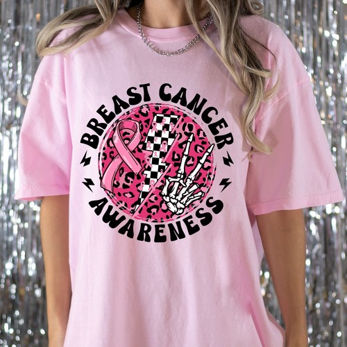 Camisa de Mano Concienciación sobre el Cáncer de Mama con Cinta Rosa Rayo Esqueleto Paz