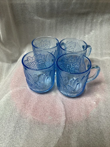 Coffee Mugs Glass, Ice Blue, Set of 4, Embossed Fruit from Indonesia KIG