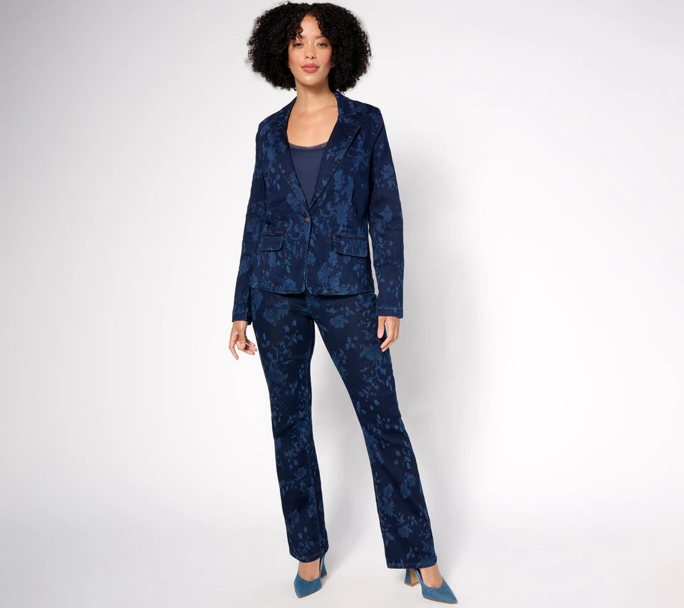 NUEVO Blazer vaquero Nicole by Nicole Miller Dream con estampado de hojas lavado oscuro QVC 3150 Foto 4 de 4