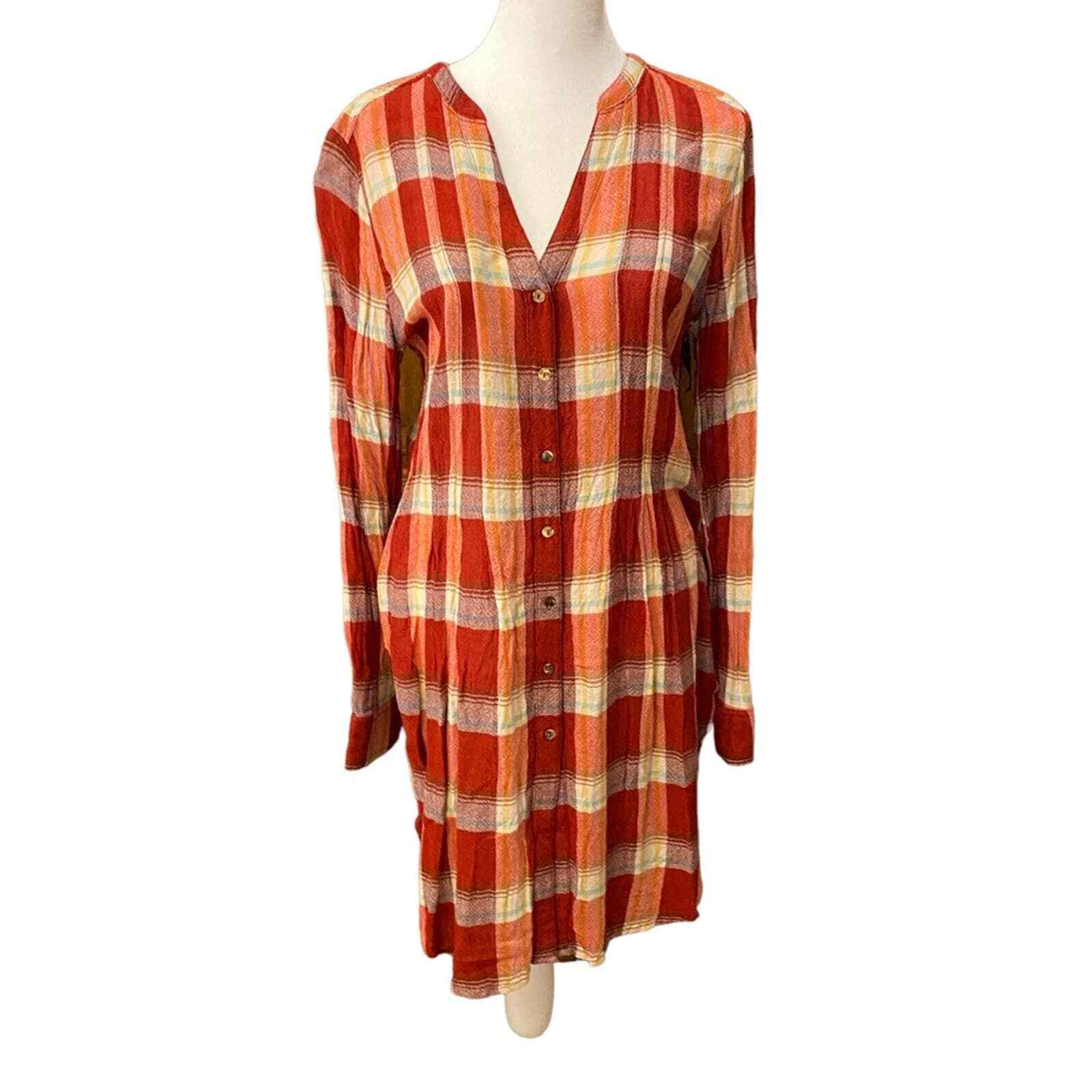 Anthro Akemi kin plaid button down tunic dress size small oversized red white image 2