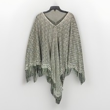 V-Neck Knit Poncho Cape Metallic Gold Silver Fringe Hem Shawl Wrap One Size