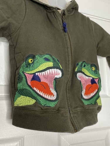 Mini Boden Boys Classic Khaki Dinosaur Shaggy-lined Applique Hoodie 3-4Y - Picture 2 of 6