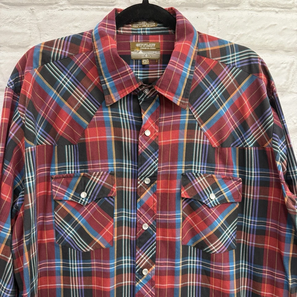 Camisa De Colección Outlaw Western Wear Perla A Presión Para Hombres 2XL 18.5 Roja A Cuadros Manga Larga Foto 2 de 4