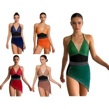 Womens Jumpsuit Ballet Leotard Overlay Bodysuit Mesh Dancwear Glittery Latin