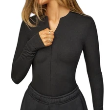 Joah Brown Invisible Zip Long Sleeve Rib Stretch Black Top M/L