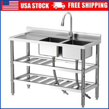 Stainless Steel Utility Sink 47x18x35" Free Standing Double Bowl Sink w/ Faucet