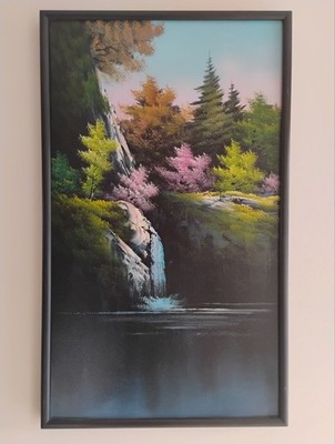Hand Painted Vintage Style Waterfall Forest Landscape Framed Art 15x24