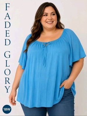 NWT FADED GLORY Women 18W/20W Short Slv Crinkle Minimalist Short Sleeve Blue Top