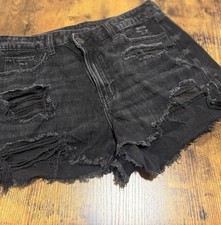 American Eagle Women  s Sz 8 Hi Rise Shortie Shorts Black Jean Distressed