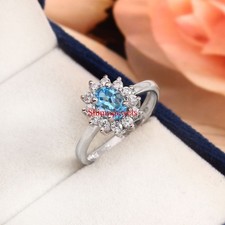 Natural Blue Topaz Gemstone With 18K White Gold Plated Silver Women's Ring 180