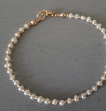 Beautiful 3-4mm Akoya Genuine White Real Pearl Bracelet 14k Gold P 7.5-8"