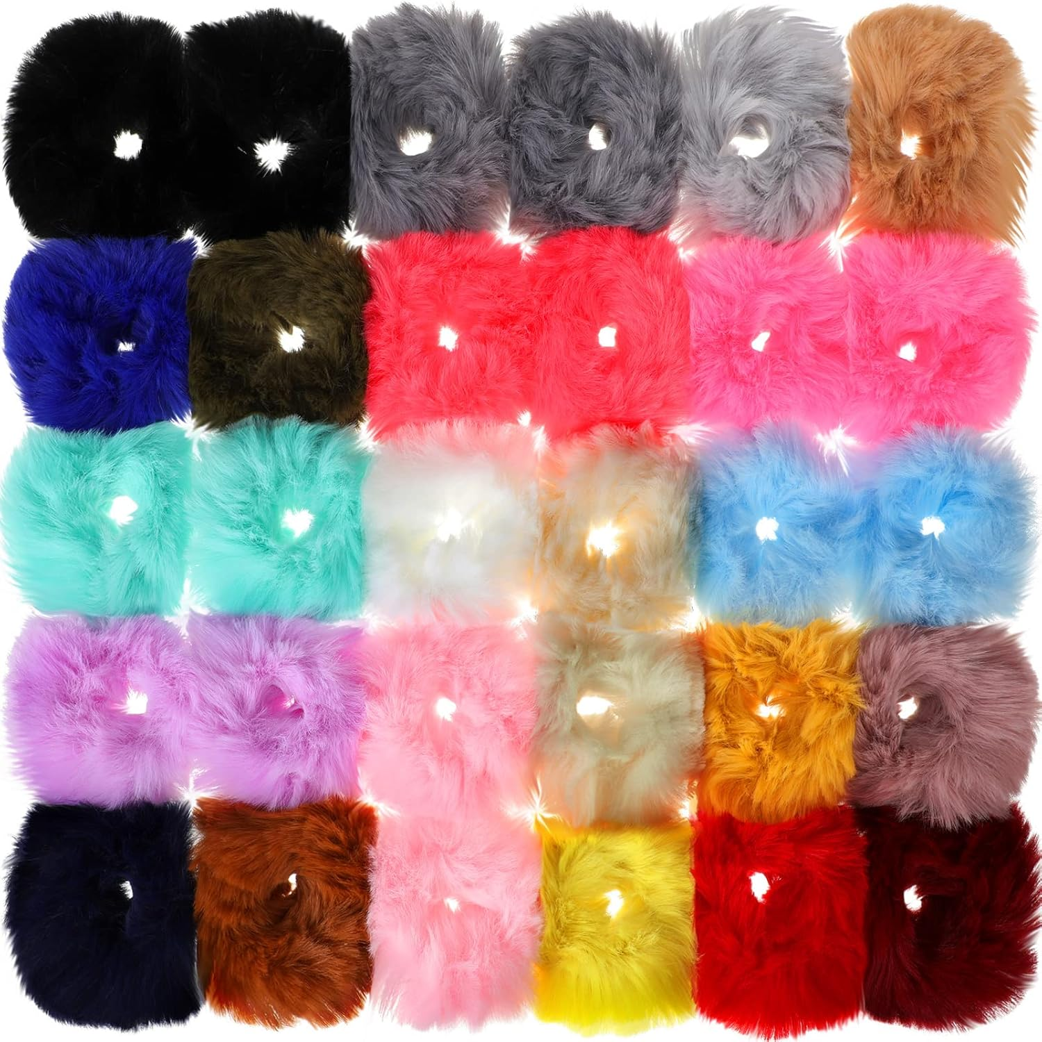 30 Pieces Fuzzy Scrunchies Bulk Pompom Ball Elastic Hair Ties Fluffy Ponytail Ho