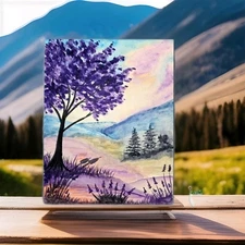 Purple Tree Original Hand-Painted Watercolor Painting: Dreamy Mountain Landscape
