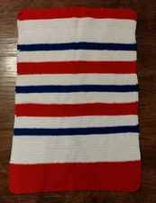 Crocheted Lap Blanket Baby Afghan Throw Red White Blue Stripes Americana