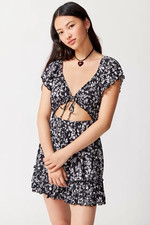 Urban Outfitters UO Rianna Floral Ruffle Mini Dress Black White XS NWT