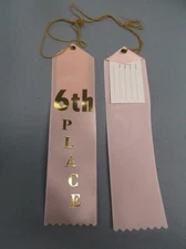 6th Place p ink award ribbon yellow string and card lot of 5