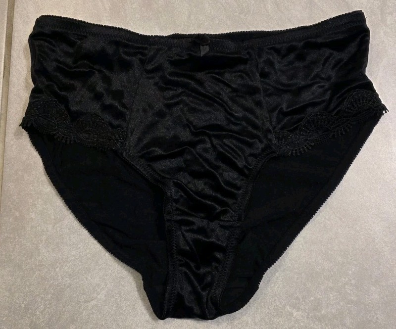Sexy High Waist Brief Satin Panties Lace Trim Black 3XL
