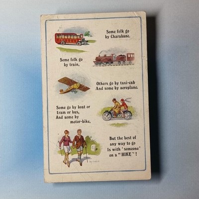 Comic Postkarte 1932 Charabanc Zug Flugzeug Motorrad Straßenbahn Donald McGill A/F