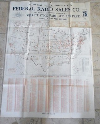 1930's Wall Chart Federal Radio Camden NJ Radio Map of U.S. & Canada