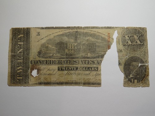 $20 1863 Richmond Virginia VA Confederate Currency Bank Note Bill T58