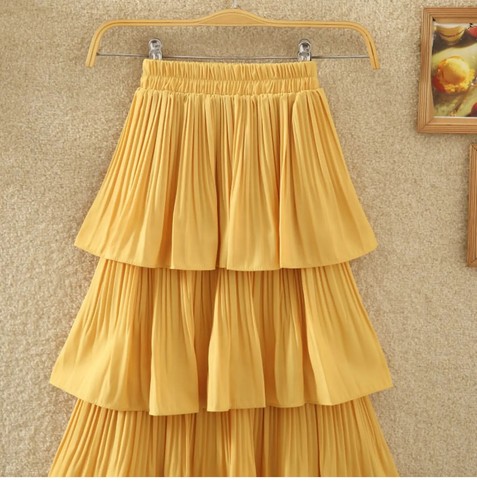Spring Summer Women High Waist Slim Long Skirt Pleated Hem Patchwork Skirt - Picture 13 of 22