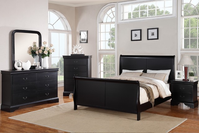 Traditional Black Finish 4pc King Size Bed Nightstand Dresser Mirror Hardwood For Sale Online Ebay